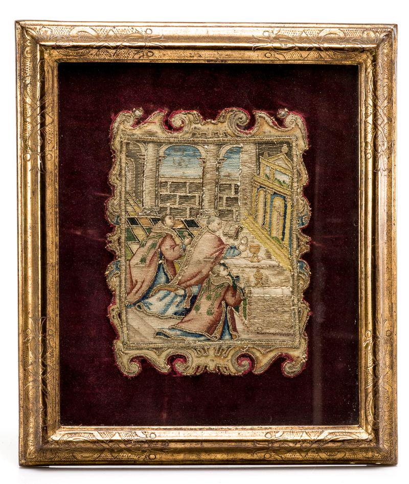 Mass of St Gregory the Great: Antique fabric embroidered in polychrome and metal threads representing the Mass of Saint Gregory, with scrolled edges. It is presented in a frame with a velvet background. Embroidered measurements: 2