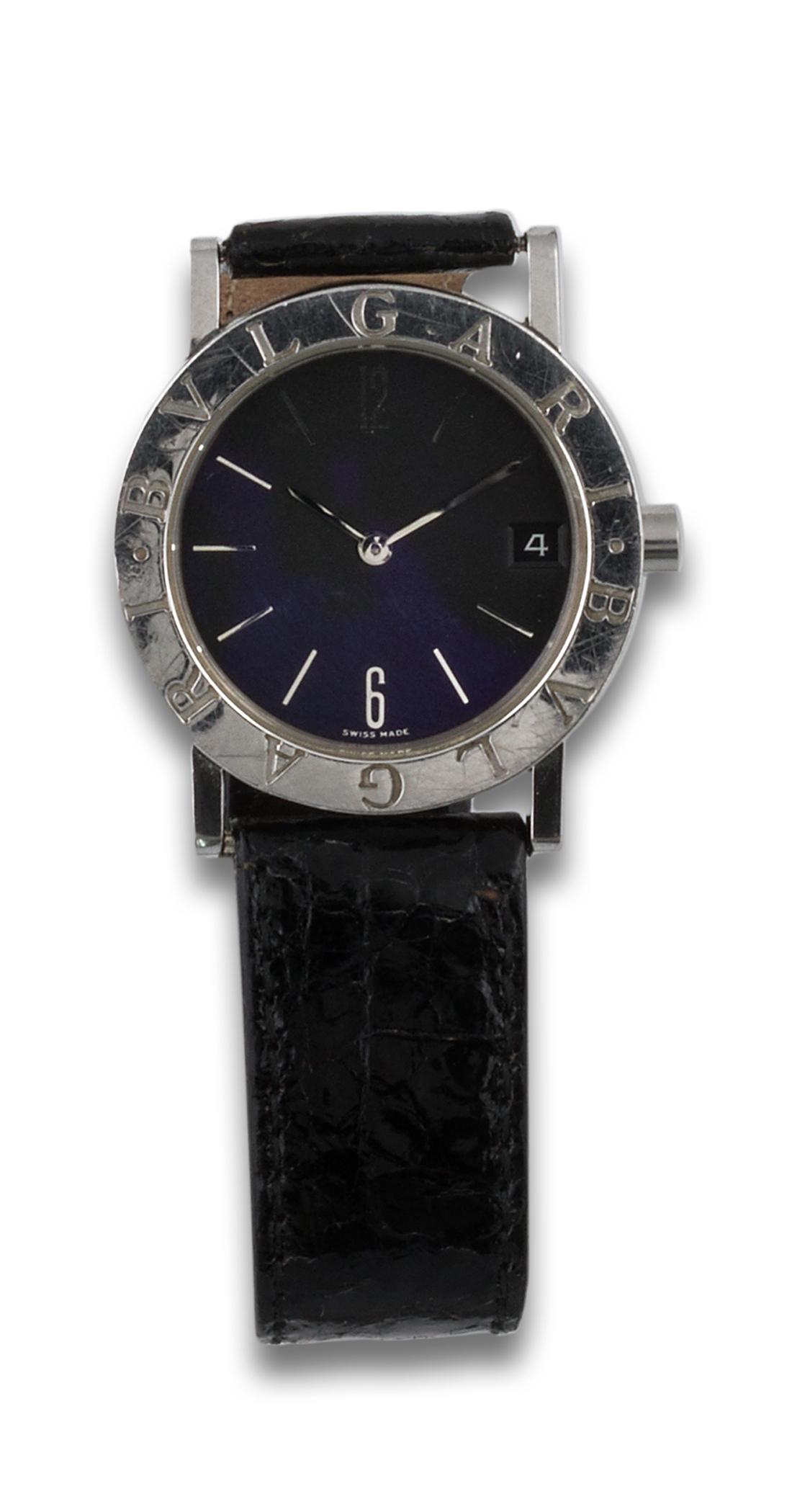 BULGARI WATCH STEEL QUARTZ BLACK DIAL: BULGARI watch, quartz movement, stainless steel case, black dial, Arabic numerals, index, calendar at 3 o'clock, orignal buckle, signed, black leather strap, BB30 SLD D99127. . JEWELRY