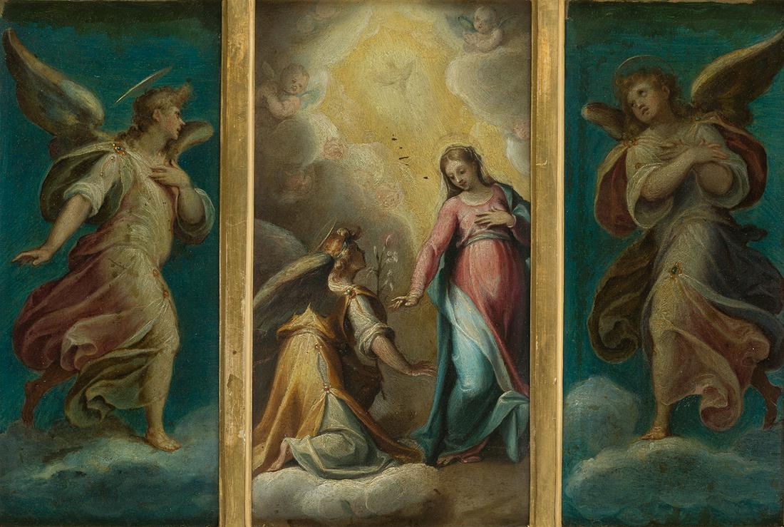 ITALIAN SCHOOL (XVII-XVIII / .) "The Annunciation": With signature on the back of the three coppers. "Originale di Girolamo Muziano."