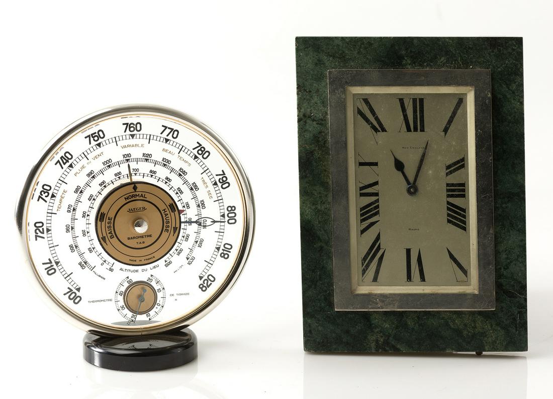 Jaeger Le Colutre, barometer and thermometer France: Metal and glass tabletop barometer and thermometer, Jaeger Le Coultre, France c. 1960. In working order.