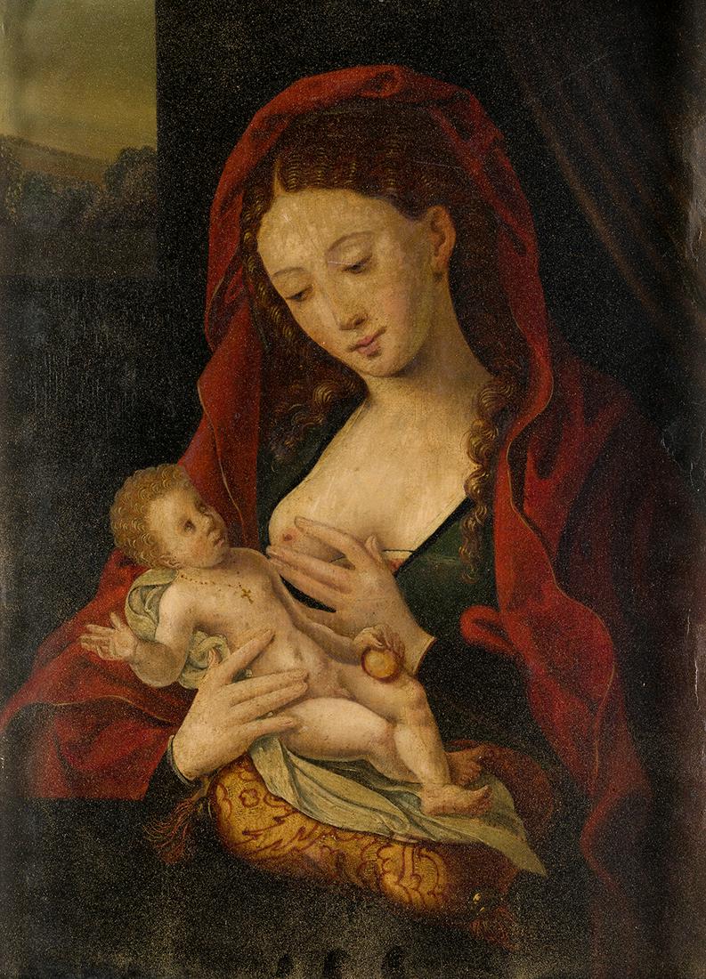 ANONYMOUS (19TH CENTURY / .) "Virgin of the milk": Work inspired by the models of the painter Ambrosius Benson. . Oil on board.. 41 x 30 cm.