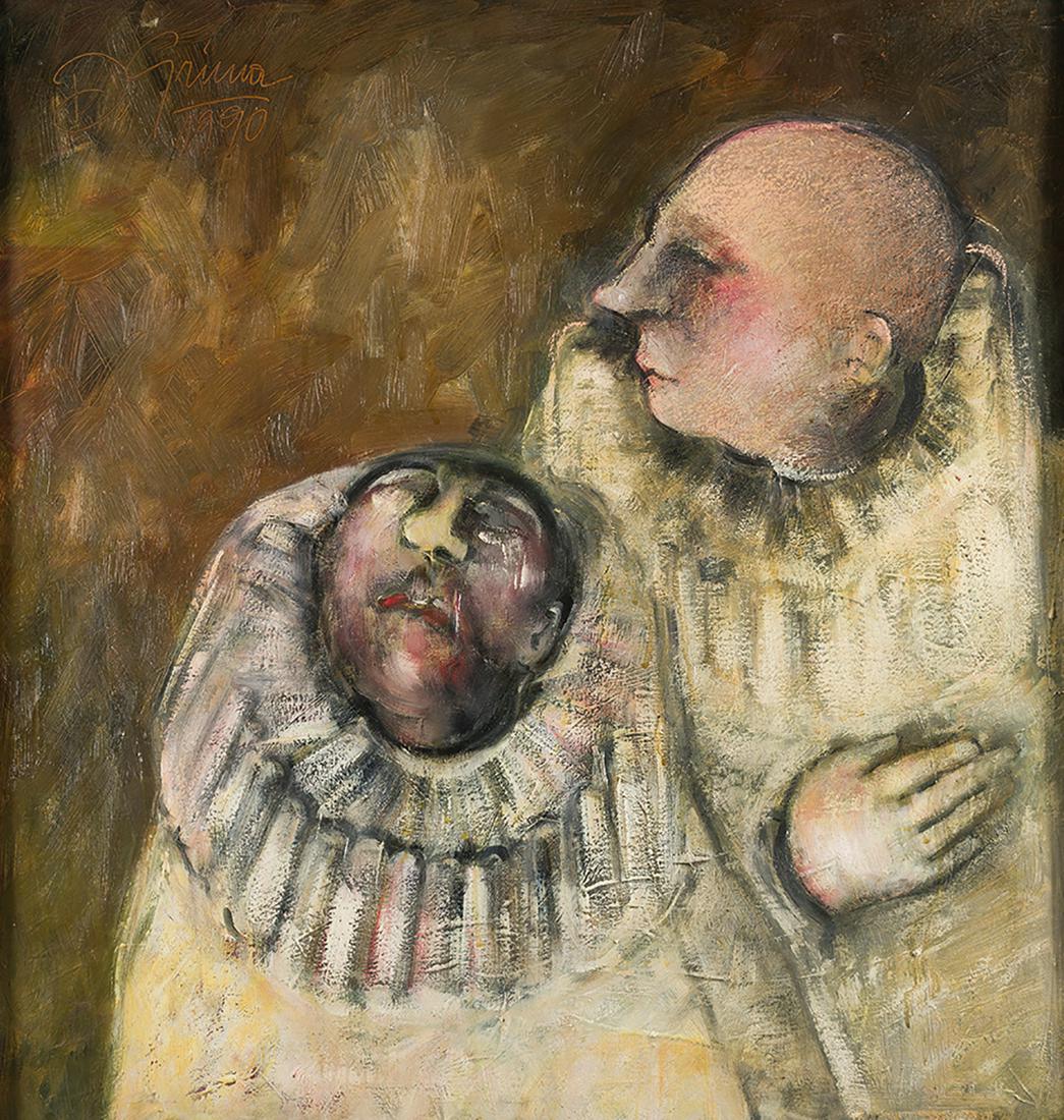 DONATO GRIMA (1949 / .) "Clowns", 1990: Signed and dated in the upper left corner. On the back signed and dated . Oil on canvas. 60 x 60 cm