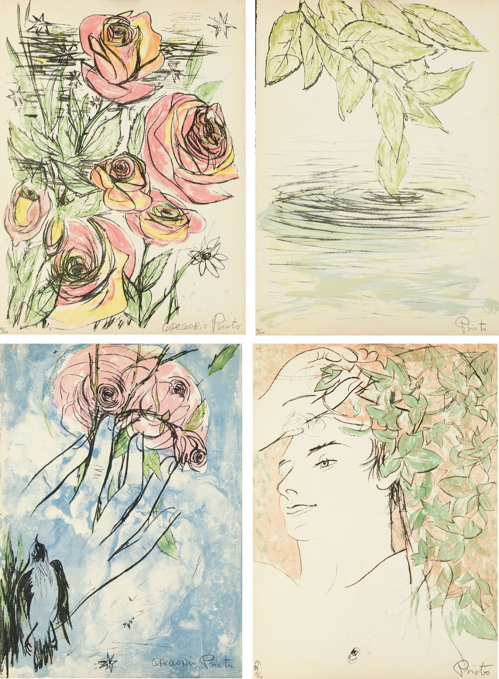 GREGORIO PRIETO (1897 / 1992) "Eclogue", 1970: Book consisting of 12 signed and justified lithographs 84/216 in pencil with texts by Luis Cernuda. Published by Ediciones de Arte y Bibliofilia, Madrid. Presents oxidation stains. . Litography on pap