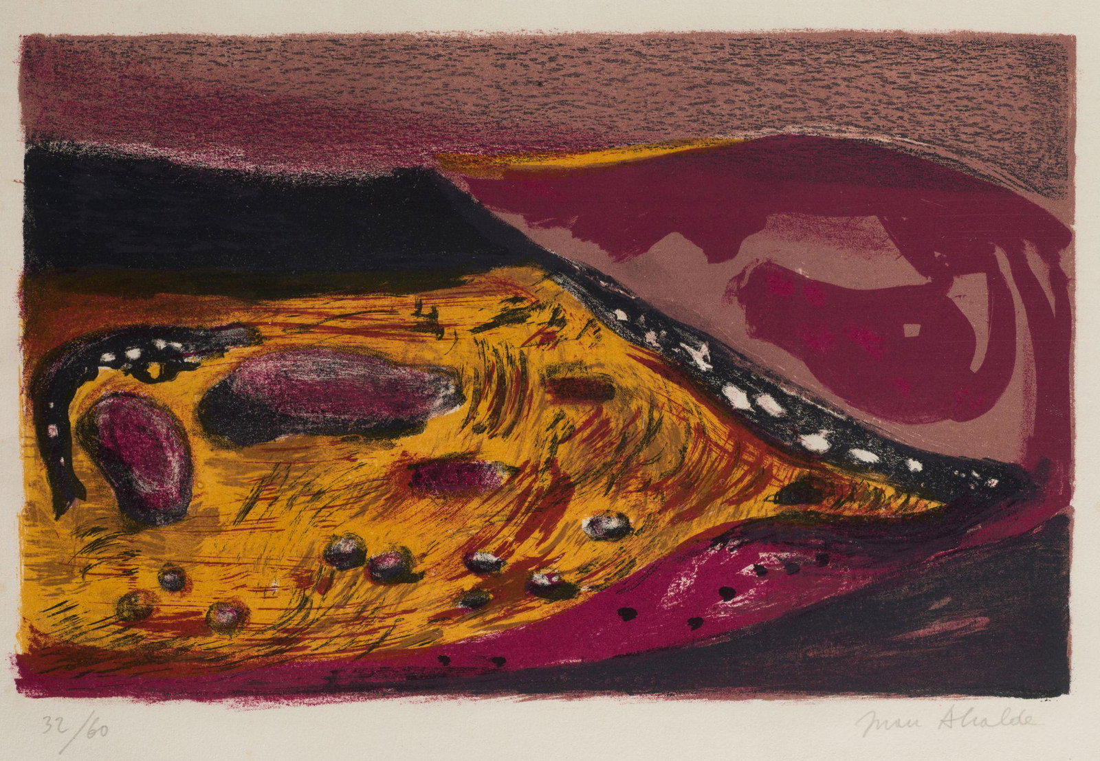 JUAN ALCALDE (1918 / 2020) "Landscape": Signed and justified 32/60 in pencil at the bottom. . Lithography on paper.Huella: 26 x 40 cm