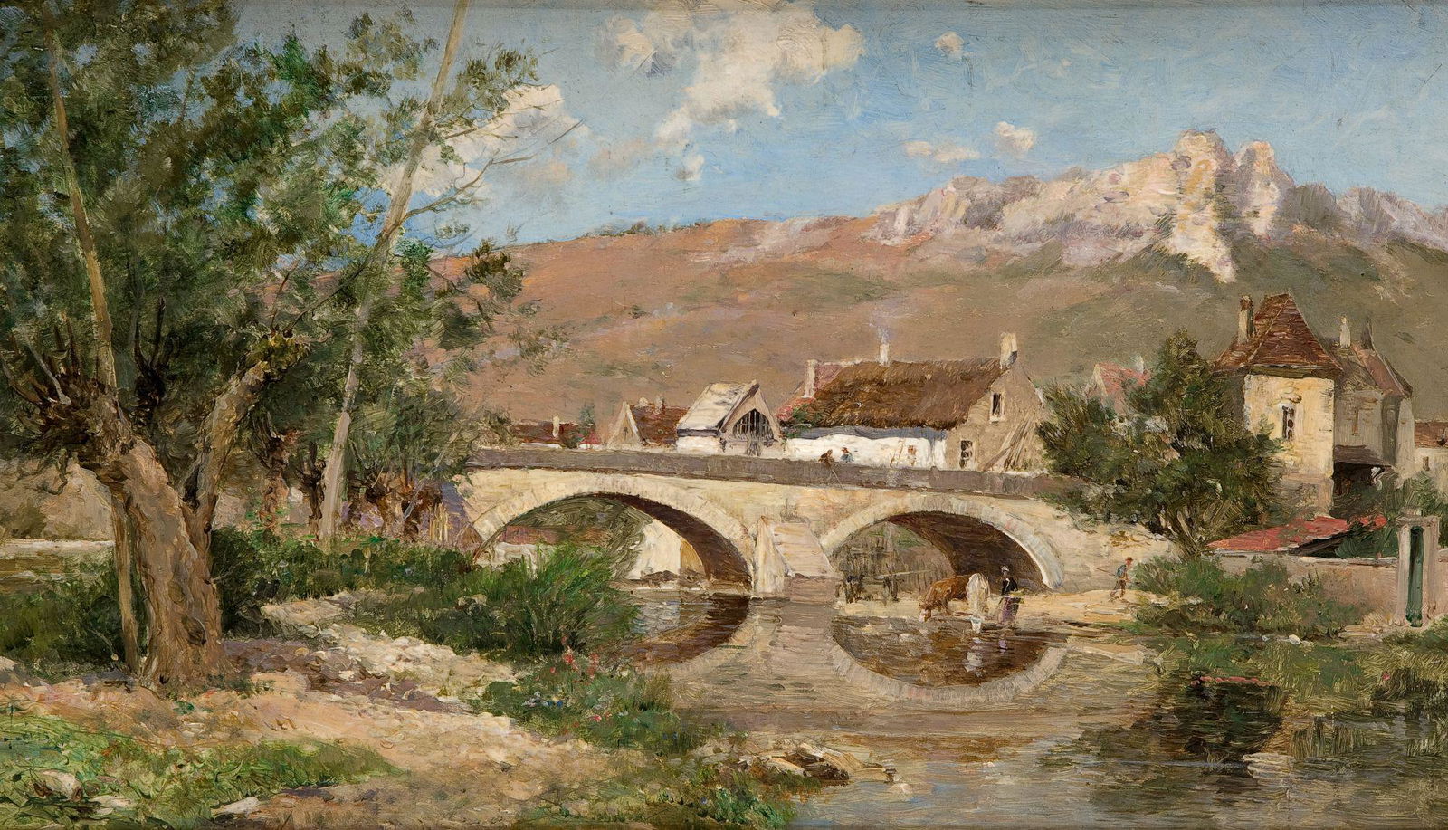 MAURICE LEVIS (1860 / 1940) "Le Pont Ã : Signed M.Levis and dated 93 in the lower left-hand corner . Oil on board.27 x 46 cm.