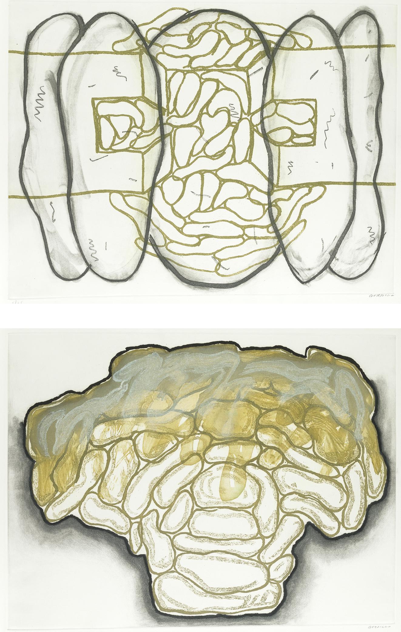 LUIS GORDILLO (1934 / .) "The Prado Museum as seen by: Folder consisting of 4 engravings: "Frontal I, II, III and IV". All of them signed and justified in pencil 5/75. Enclosed is a print run justification sheet. . Etching, aquatint and grease pencil. 66,