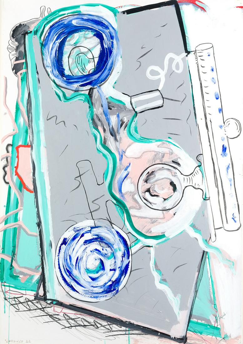 LUIS GORDILLO (1934 / .) "Composition", 1982: Signed and dated in lower left-hand corner . Acrylic and waxes on tablex. 100 x 70 cm