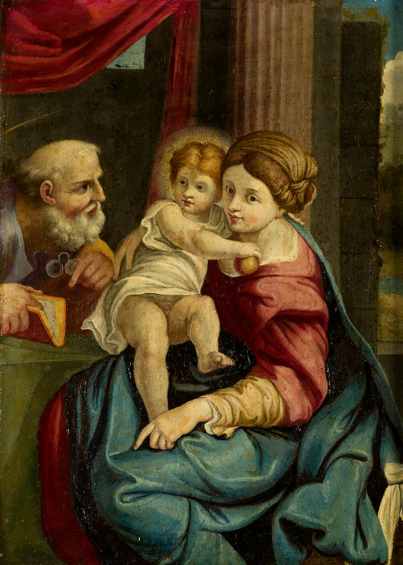 ITALIAN SCHOOL (S.XVIII / .) "Holy Family": This work is modelled on the "Madonna Montalto" by Annibale Carracci. . Oil on copper.. 29 x 21 cm.