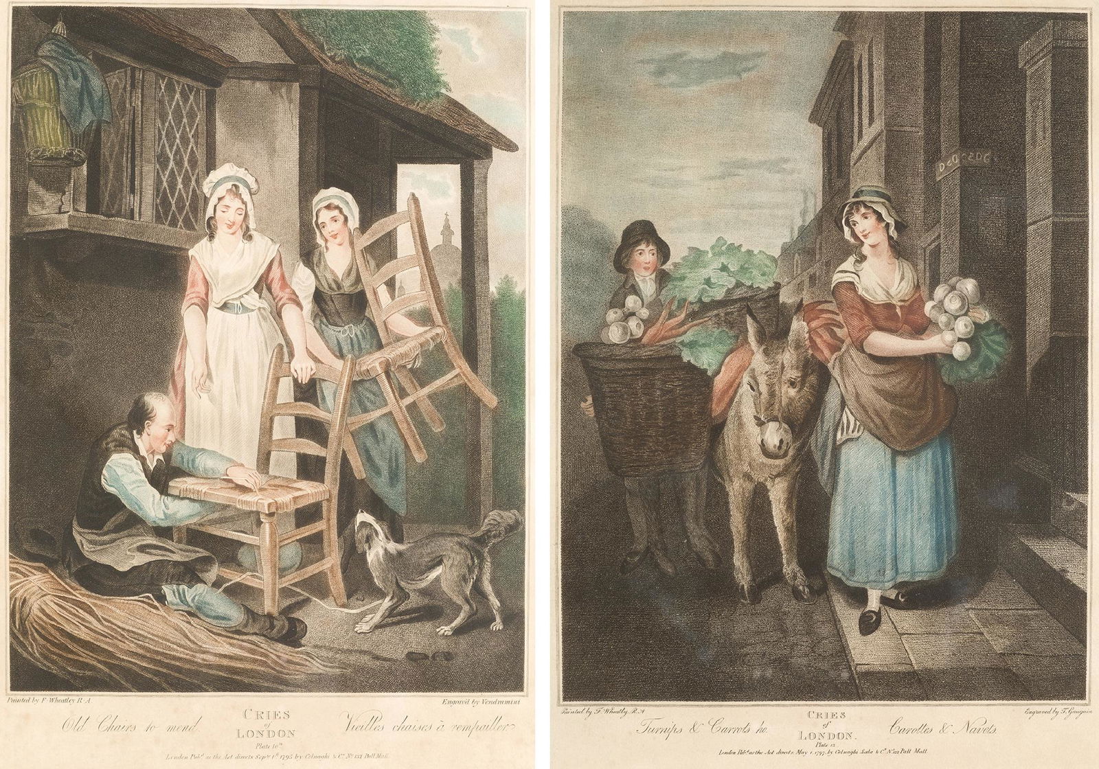 FRANCIS WHEATLEY (1747 / 1801) "Cries of London": Lot of ten coloured dotted engravings depicting the cries and chants of pedlars advertising their wares in the City of London. Wheathey's compositions were exhibited at the Royal Academy between 1792-