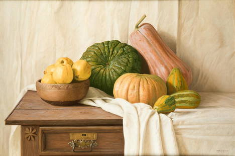 CARLOS VEGA (1972 / .) "Kitchen Still Life with: Signed and dated at lower right corner . 81,5 x 120 cm. Oil on tablex