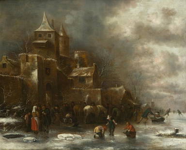 KLAES MOLENAER (1630 / 1676) "Winter landscape": Signed in the lower right corner. On the back, label of the Sala ParÃ©s, Barcelona. . 76x92cm.. Oil on canvas