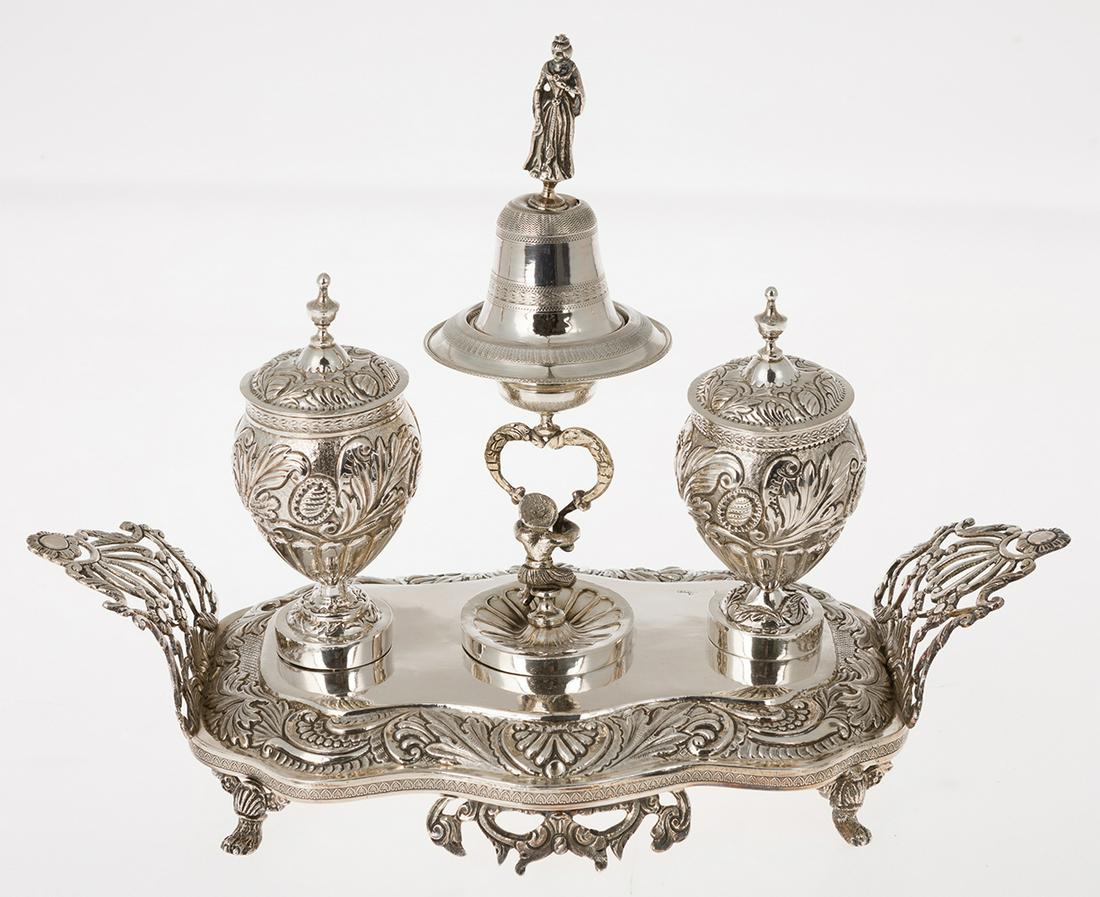 Cordoba silver notary's office Rafael Martos 1886: Spanish silver writing desk, with marks of Cordoba, Rafael Martos 1886. Base with rocaille and openwork handles. Decoration of scallops, acanthus leaves...Camapnilla with handle of lady figure in roun