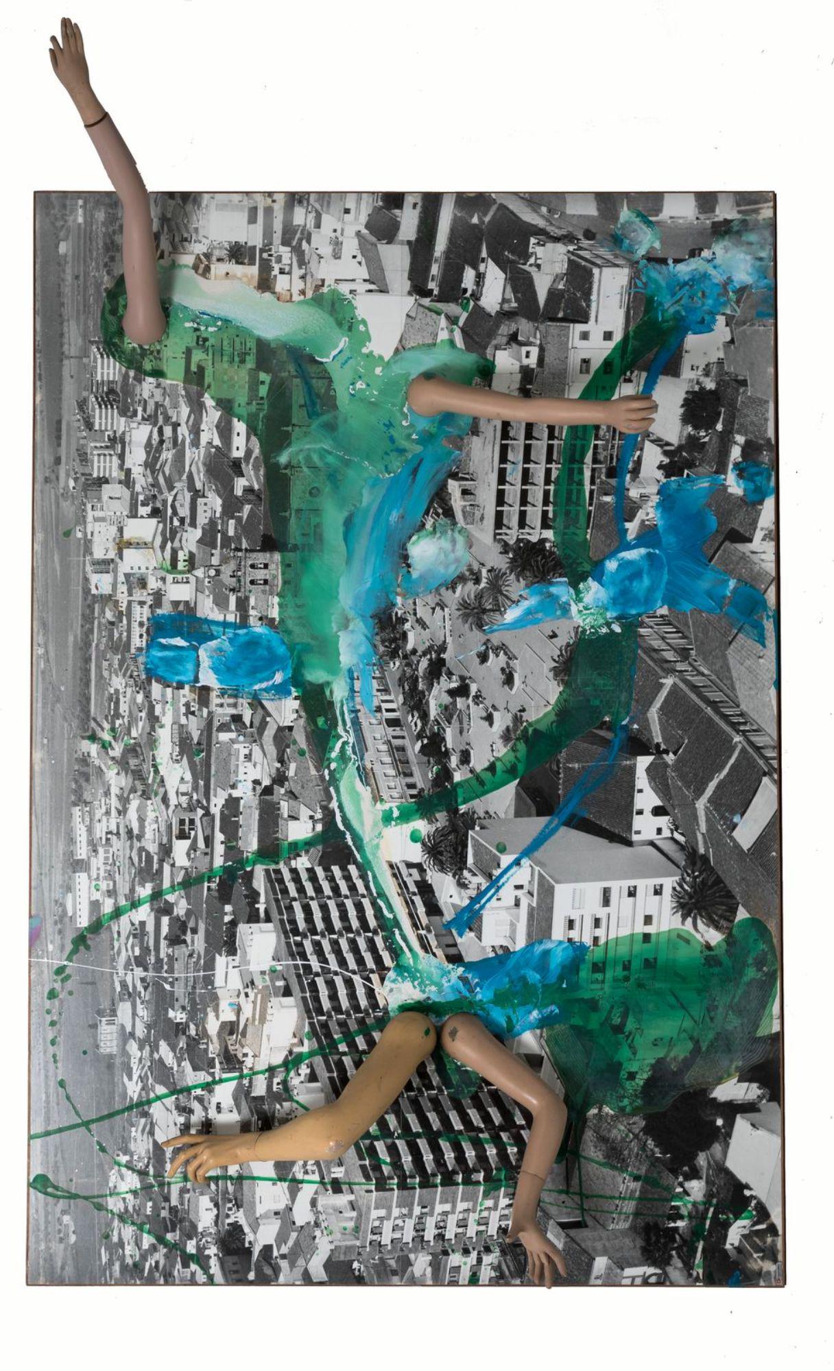 JORGE GALINDO. Madrid (1965). "Village", 2000.: 202 x 140 cm.Mixed media and collage, photographic background on board.Signed, dated and with Soledad Lorenzo Gallery label on the back.