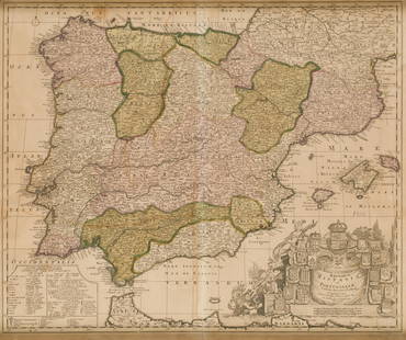 PIETER SCHENK. (1660 / 1718). "Regnorum Hispanaiae et: 50 x 60 cm.Engraving illuminated by hand.Original engraving published by P. Schenk in Amsterdam. Signed and dated on the lower right hand side . Deteriorated. Later edition.