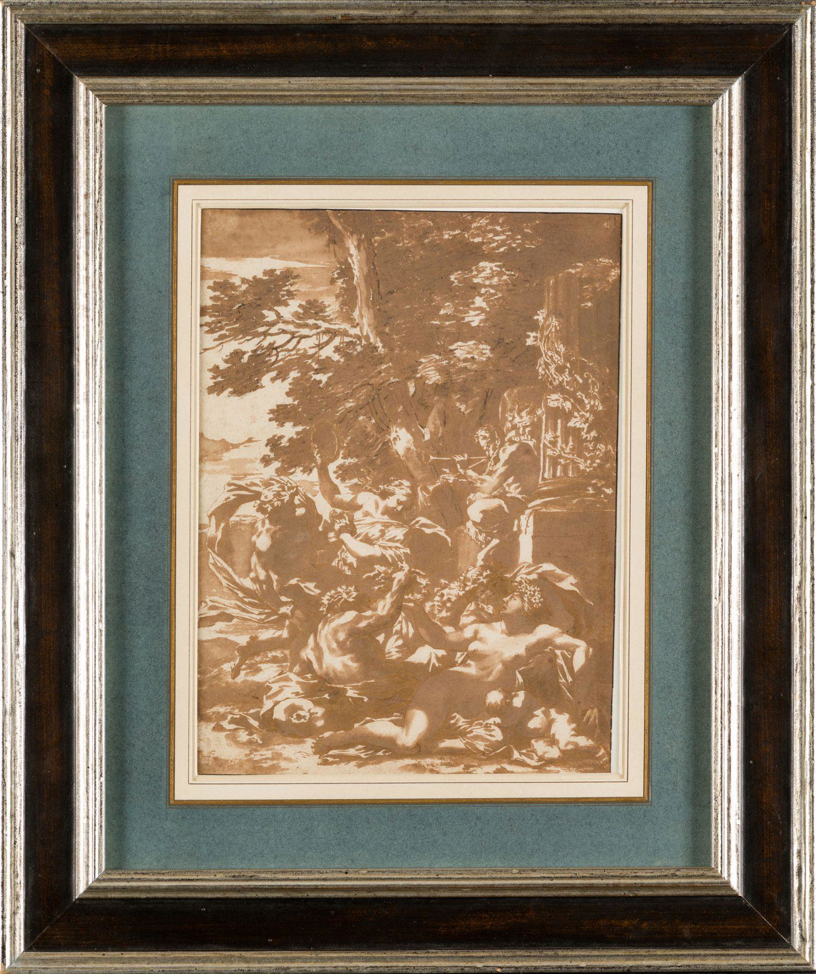 JAN DE BISSCHOP. Amsterdam (1628) / The Hague (1671). "Dance in a Bacchanal Scene".: Inscribed on the reverse in dark brown ink "van Bisschop".Work based on one of the six engravings from the series "Bacchanales" by Michel Dorigny (1617-1665). Provenance:- Private collection New York