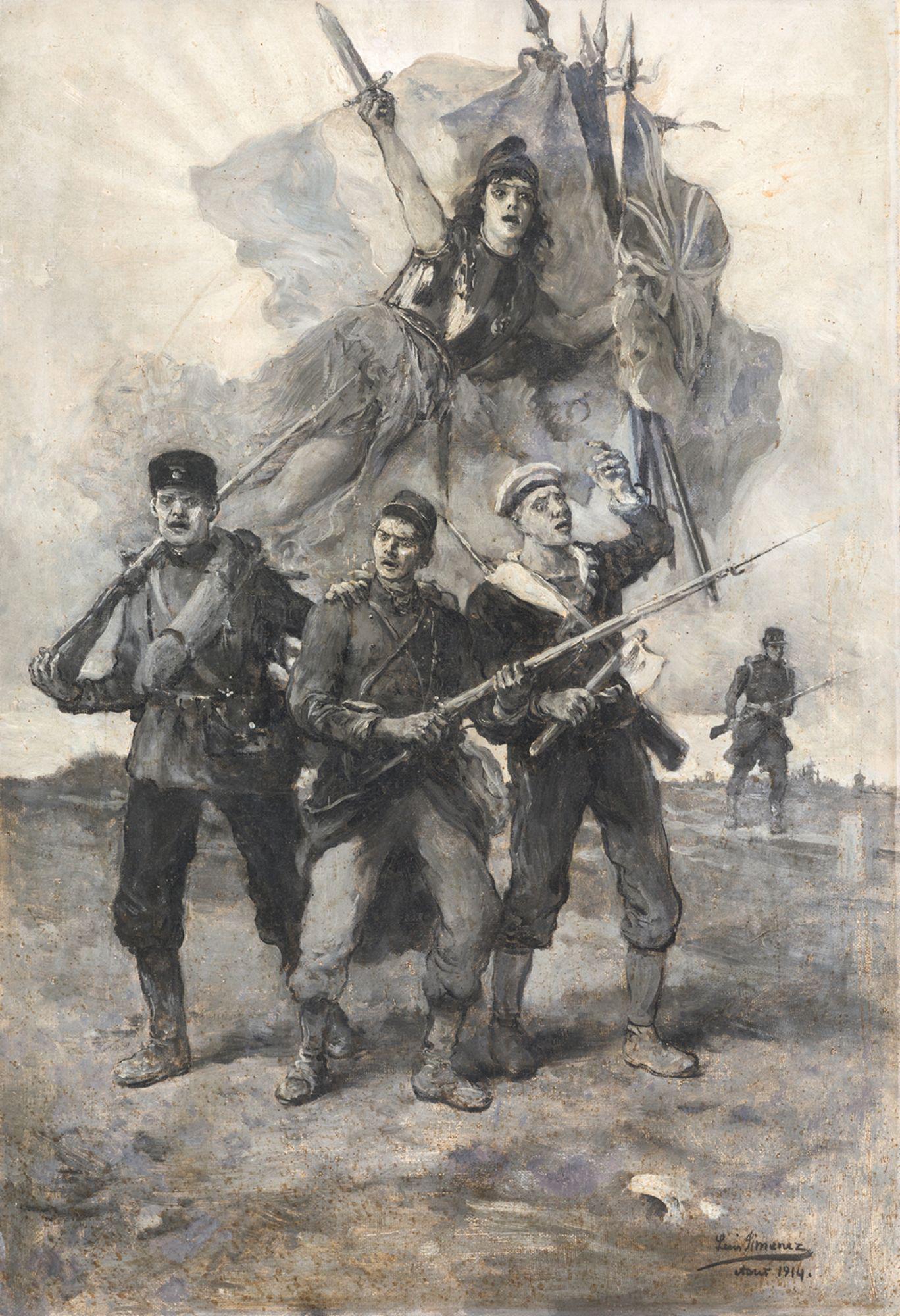 LUIS JIMENEZ ARANDA. Seville (1845) / Pontoise (France) (1928). "Allegory of World War I.". 55 x 38: Signed in the lower right corner and dated August 1914. Painting represents the beginning of the 1st World War in August 1914, in which France and England were allies. It has restorations. Oil on canv