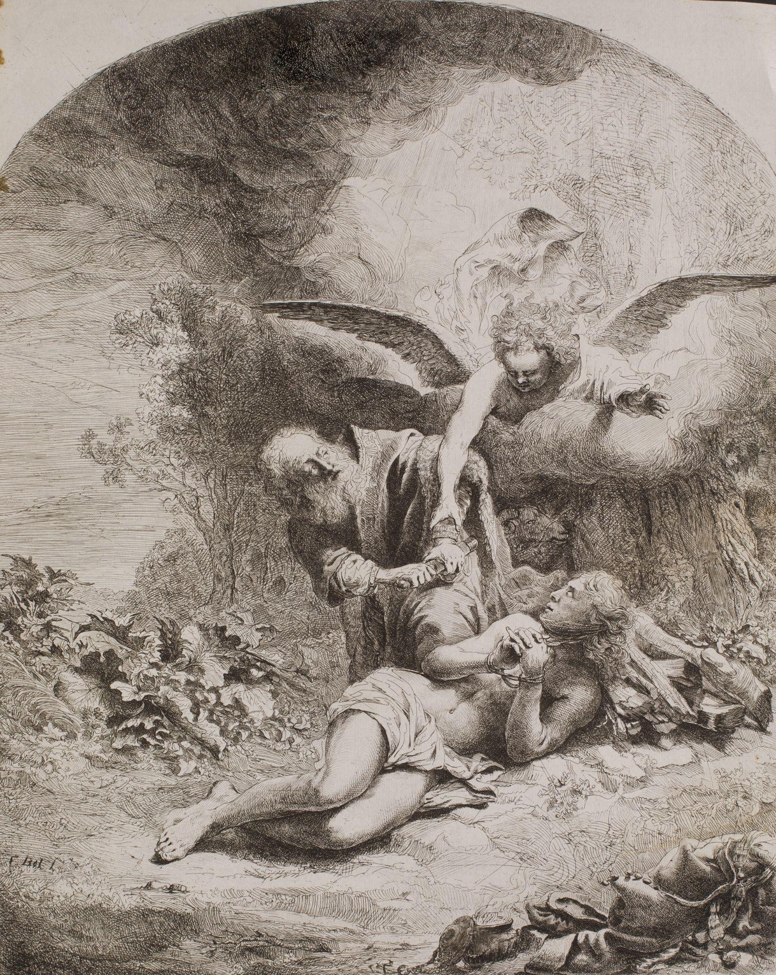 FERDINAND BOL. Dordrecht (Ferdinand Bol) / Amsterdam (1680). "The Sacrifice of Isaac". 40,2 x 32,8: Signed in plate in the lower left corner. Probably second and final state. Old impression. Stains in the left margin. Etching and engraving on laid paper. 40,2 x 32,8 cm