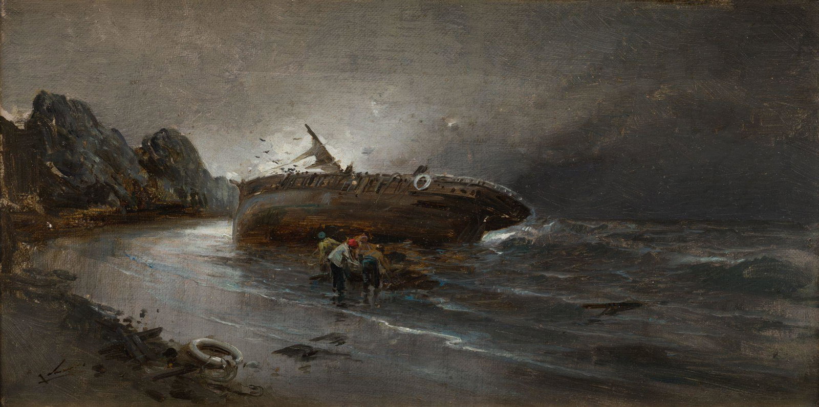 JOSÉ NAVARRO LLORENS. Valencia (1867 / 1923). "Boat beached on the shore". 17.5 x 34.5 cm.: Signed in the lower left corner. Oil on canvas. 17,5 x 34,5 cm