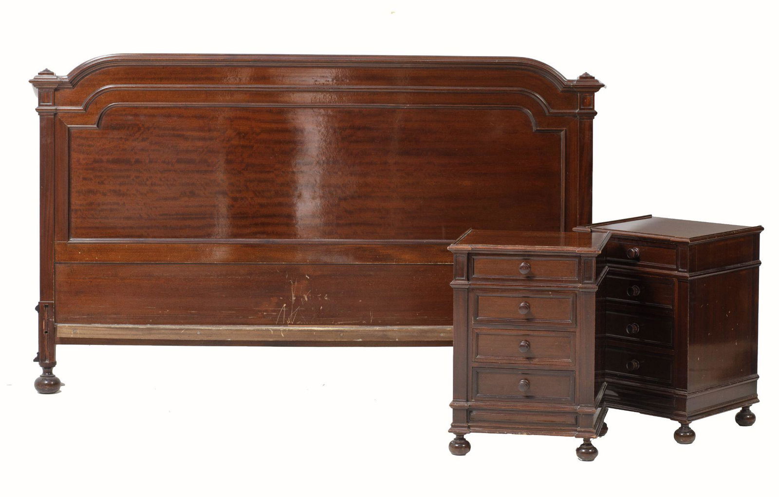 Headboard and pair of bedside tables with four drawers on the front, Spain, 20th Century. (1 of 1)