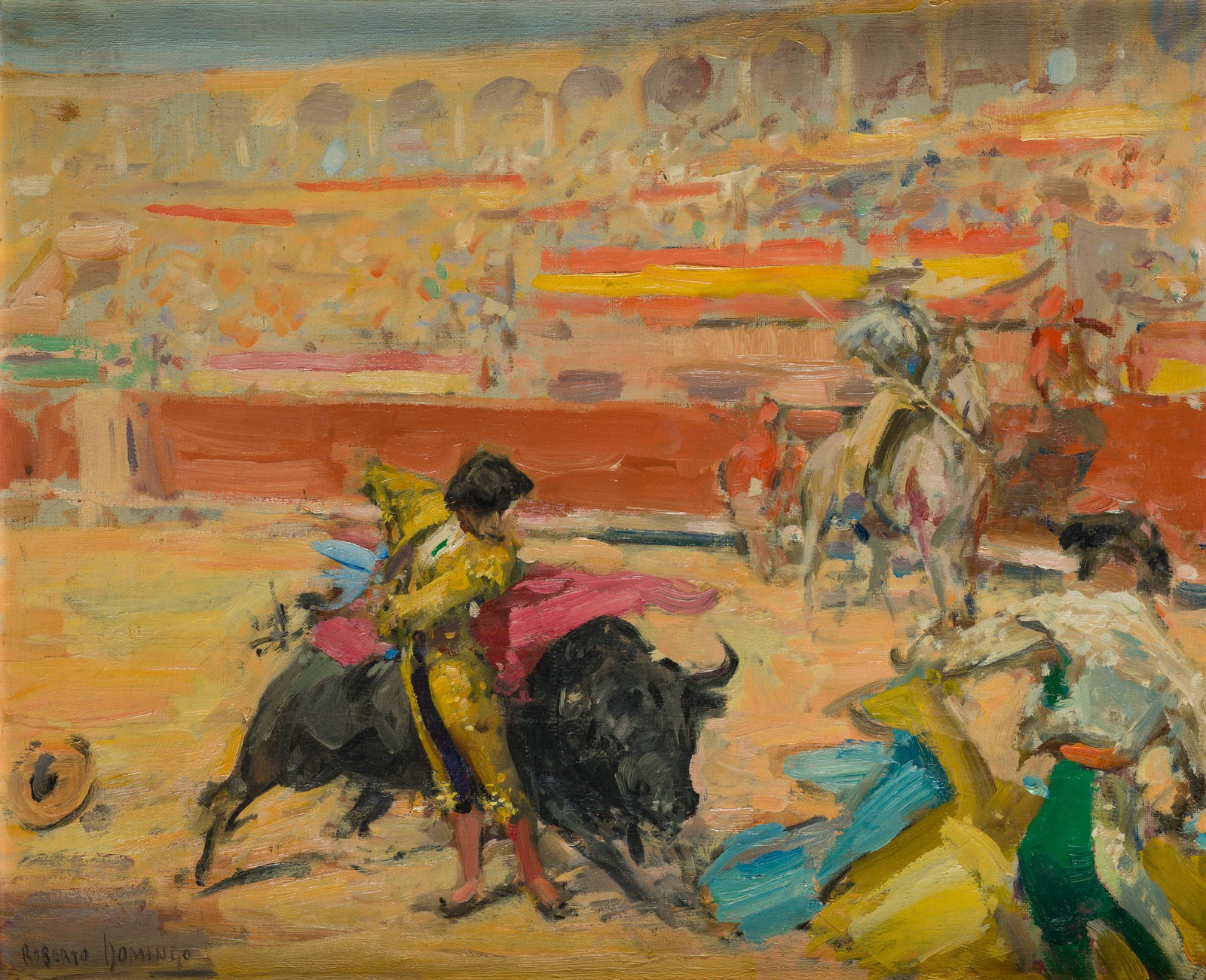 ROBERTO DOMINGO Y FALLOLA Paris (1883) / Madrid (1956) "Bullfighting pass".: Oil on canvasSigned in the lower left corner Measurements: 24 cm, the soup tureen.