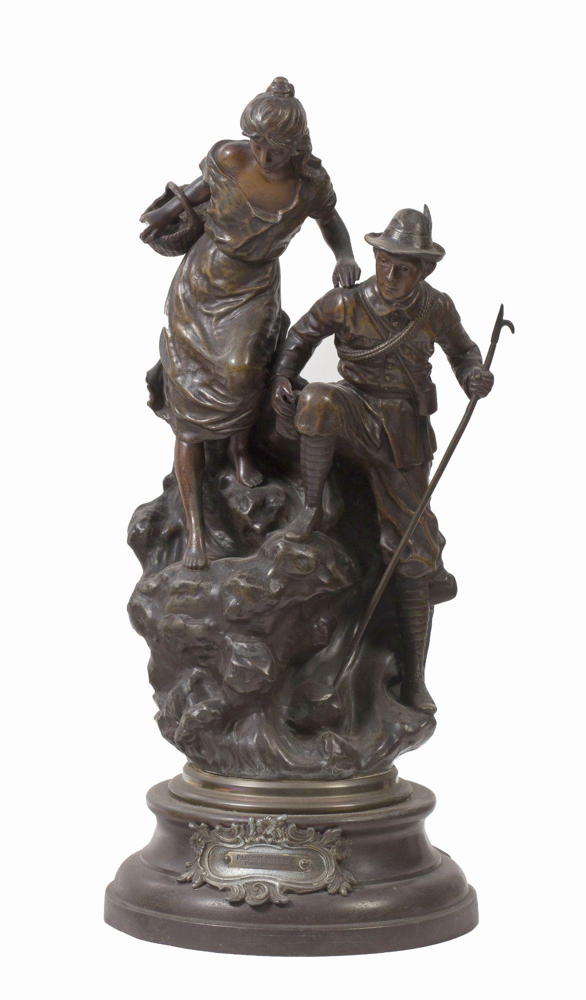 Passage Difficile, patinated calamine sculpture, 20th century.: Signed ""J. Garnier"" and titled on the base. Measurements: 65 cm.