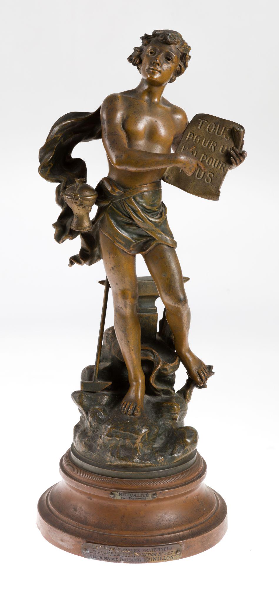 MutualitÃ©, calamine sculpture, signed J. Garnier and stamped Kossowski (Henryk Kossowski: It has a plaque on the base with the title. Measurements: 54 cm