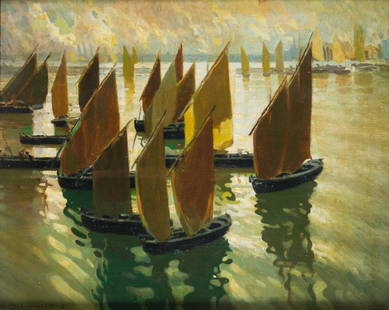 ENRIQUE MARTÃNEZ-CUBELLS RUIZ Madrid (1874) / MÃ¡laga (1947) "Sailboats": Oil on canvasSigned in the lower left corner. Presented in ebonized molded frame by Hijos de J.Cano, Madrid.. 38 x 48 cm