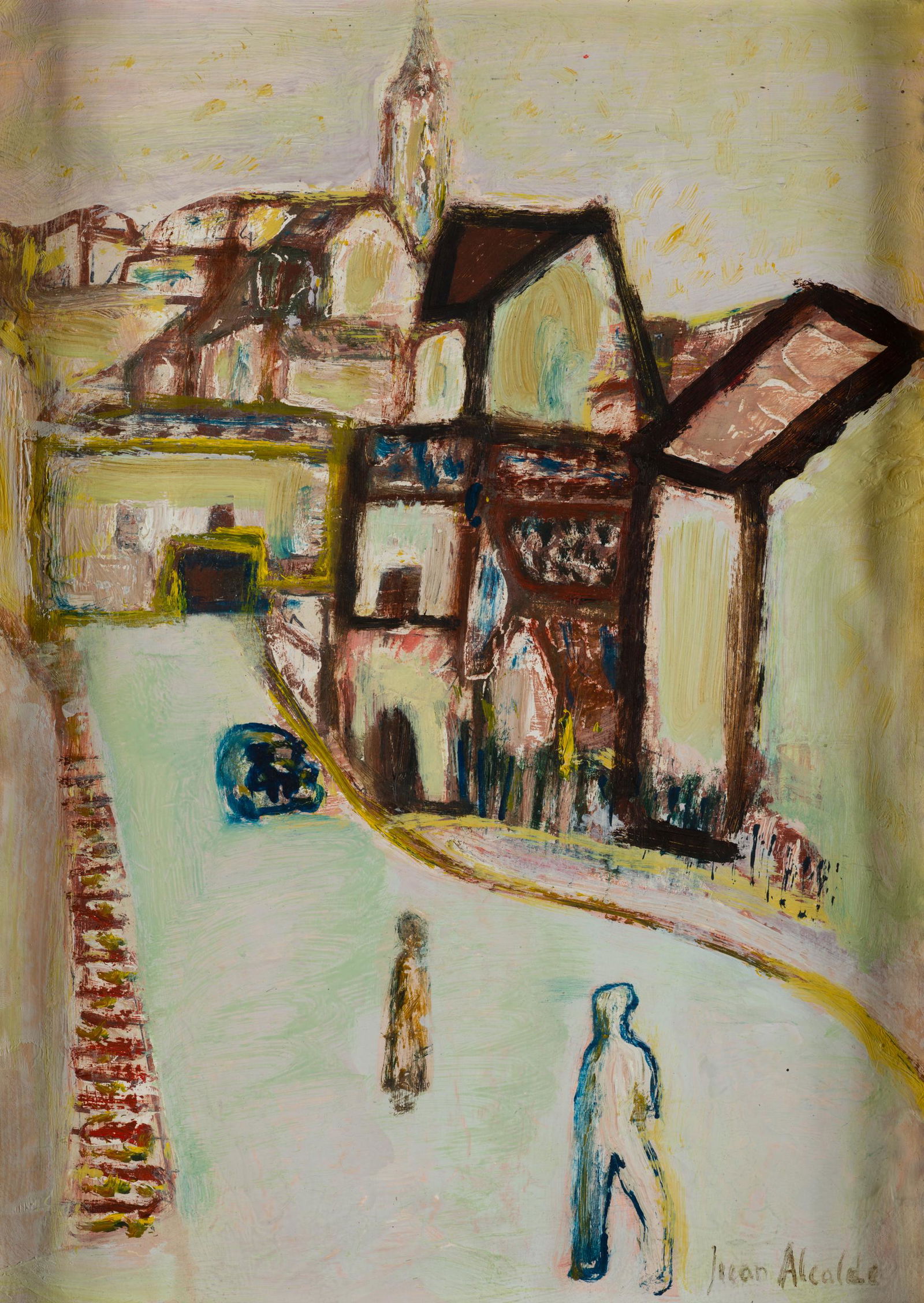 JUAN ALCALDE Madrid (1918) / (2020) "Street": Oil on canvas glued to board Signed in the lower right corner. 39 x 28 cm