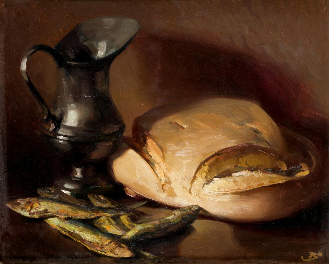 JOSÃ‰ BARDASANO Y BAOS Madrid (1910 / 1979) "Still life of bread, fish and pitcher". (1 of 1)