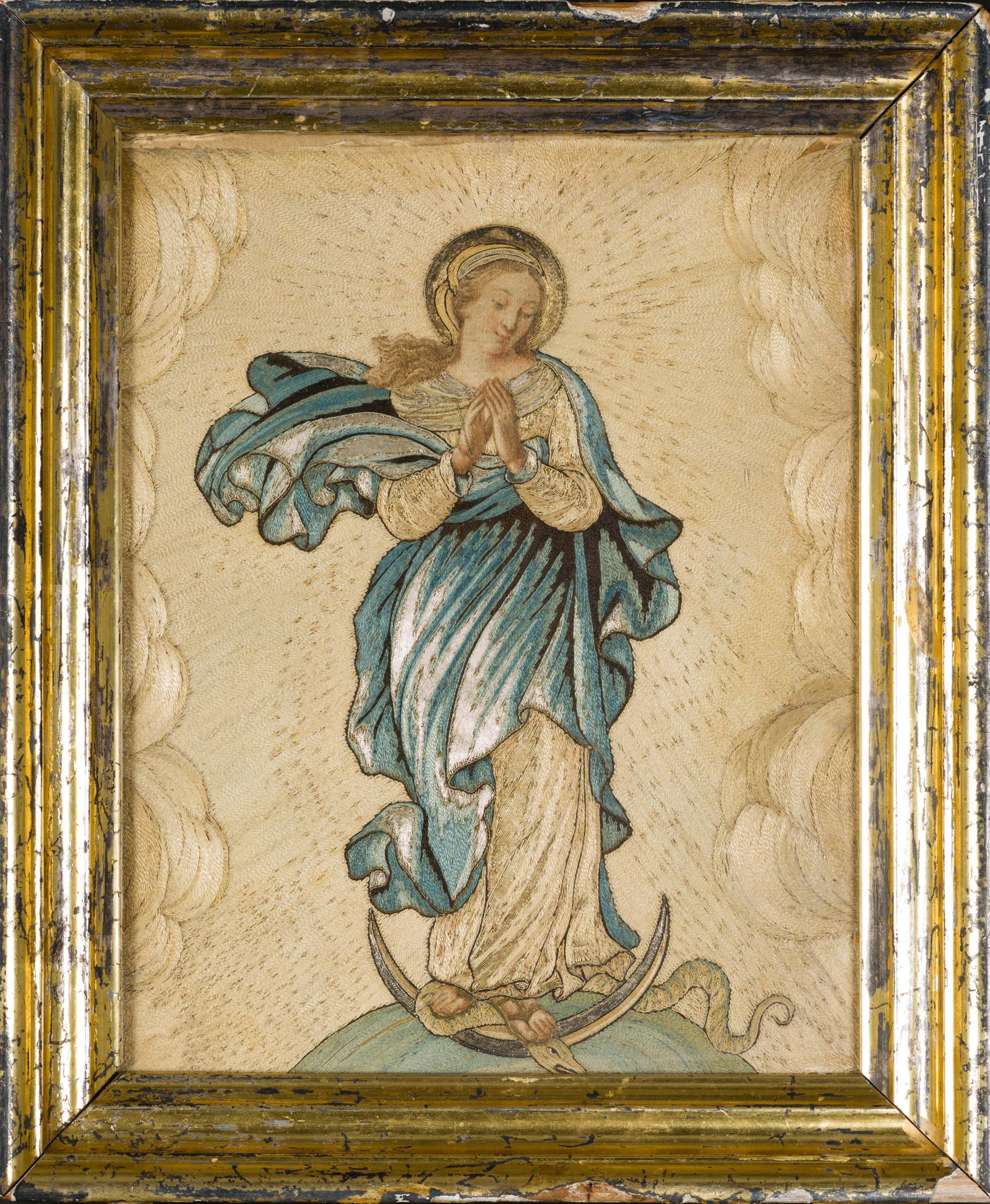 "Immaculate Conception", framed embroidery, convent work, 19th century. (1 of 1)