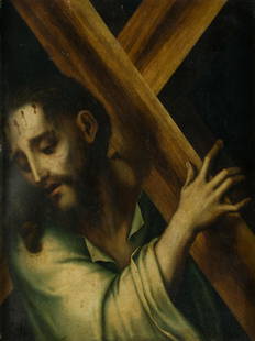 CIRCLE OF LUIS DE MORALES (XVI CENTURY) "Nazarene with the cross on his back".: Oil on panel. . 39 x 29,5 cm.