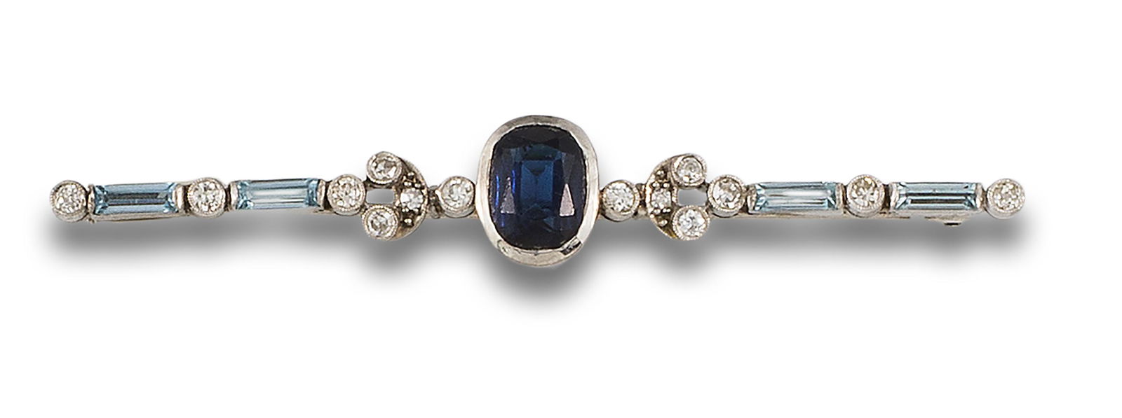 Platinum pin, with blue glass center, diamonds. (1 of 1)