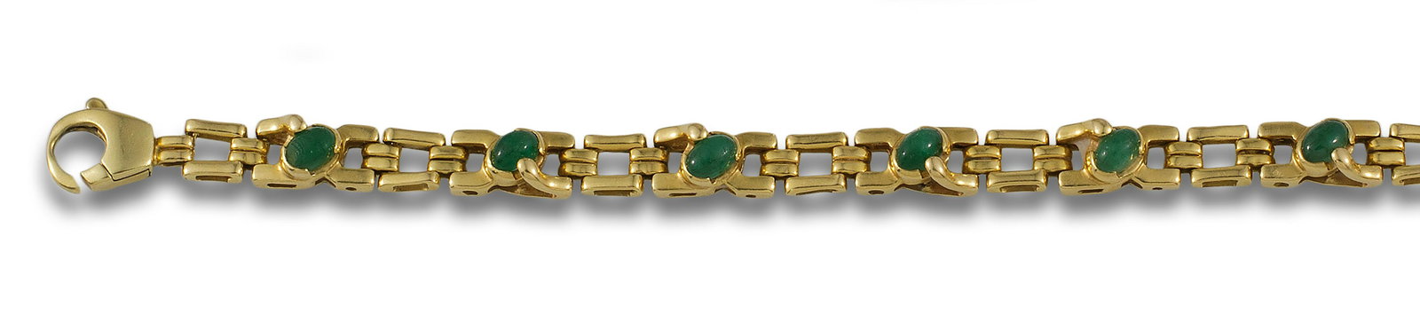 18kt yellow gold bearded bracelet, centres with cabochon cut emeralds. (1 of 1)