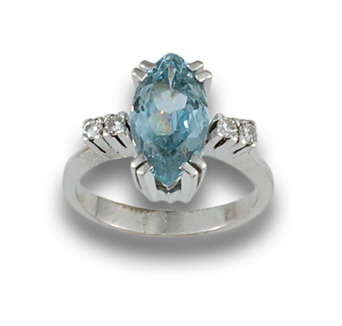 18kt white gold ring comprising a central marquise-cut aquamarine, estimated weight 2.70 ct., (1 of 1)