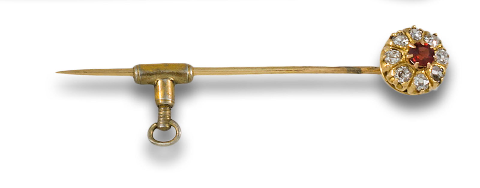 Antique pin in 18kt yellow gold with an antique-cut diamond flower and coloured glass centre. (1 of 1)