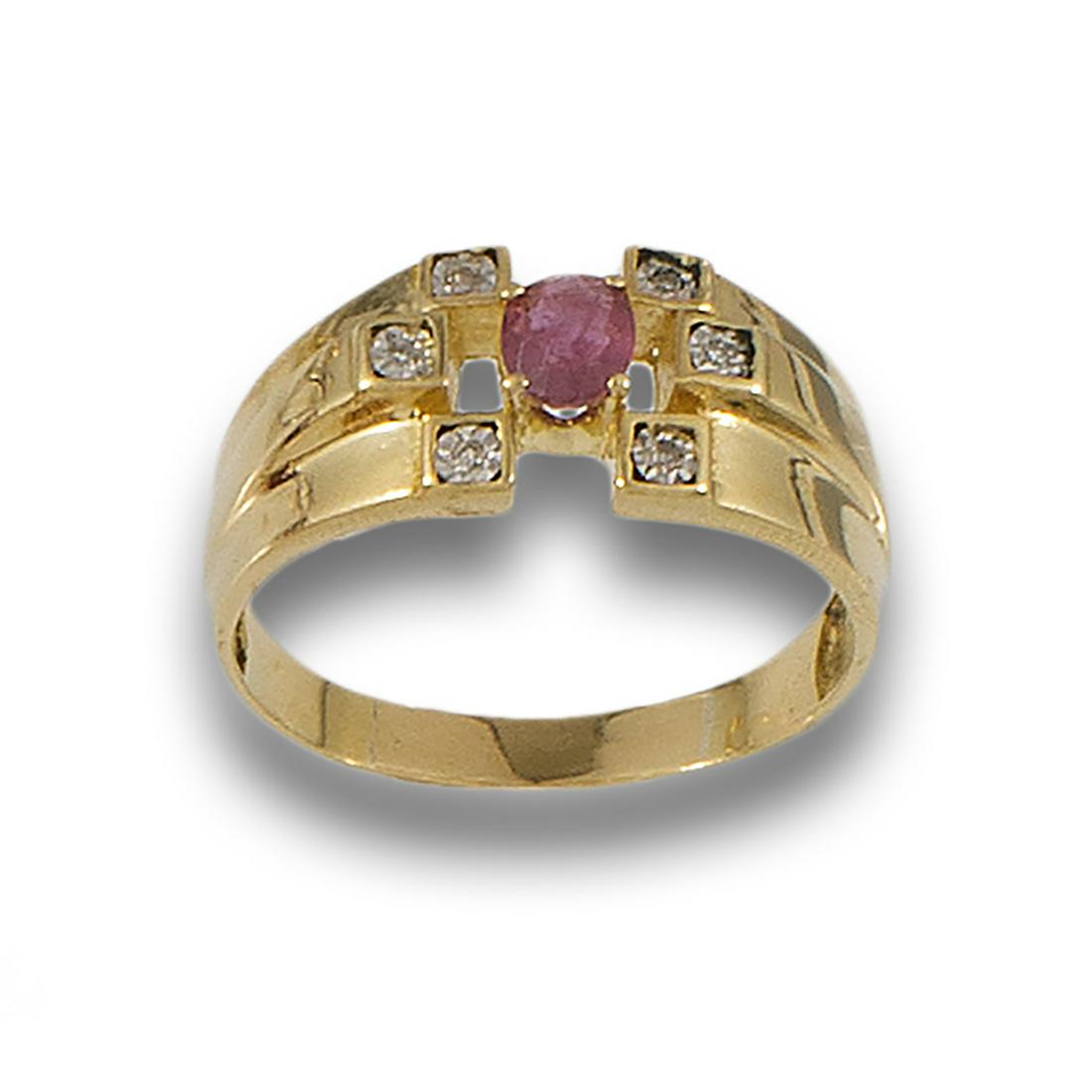 18kt yellow gold ring made up of a central oval cut ruby and brilliant cut diamonds. (1 of 1)