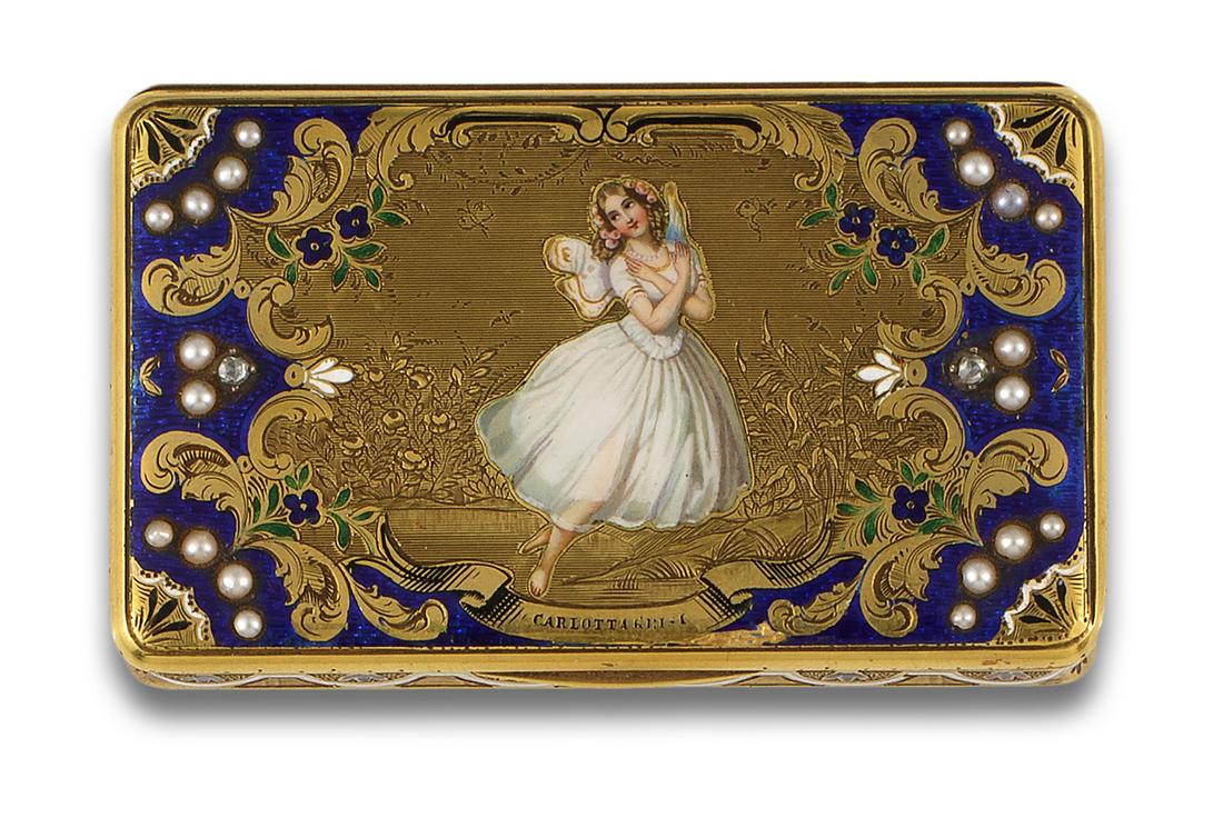 Small box in 18kt yellow gold with coloured enamel decoration, pink-cut diamonds and pink-cut (1 of 1)