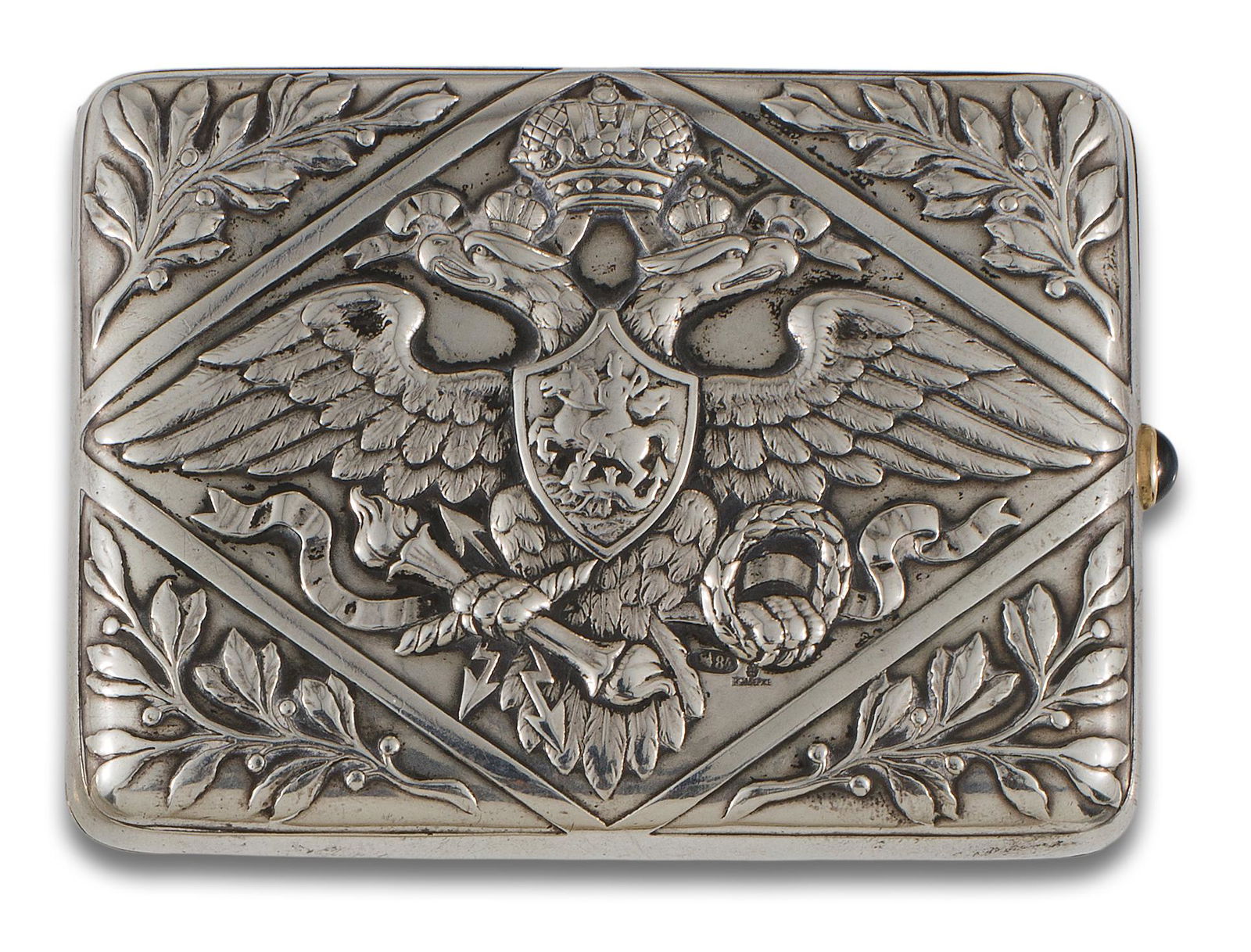 Silver cigarette case with FABERGE and 84 zolotnik marks.  dragon and holding an orb and a sceptre. (1 of 1)