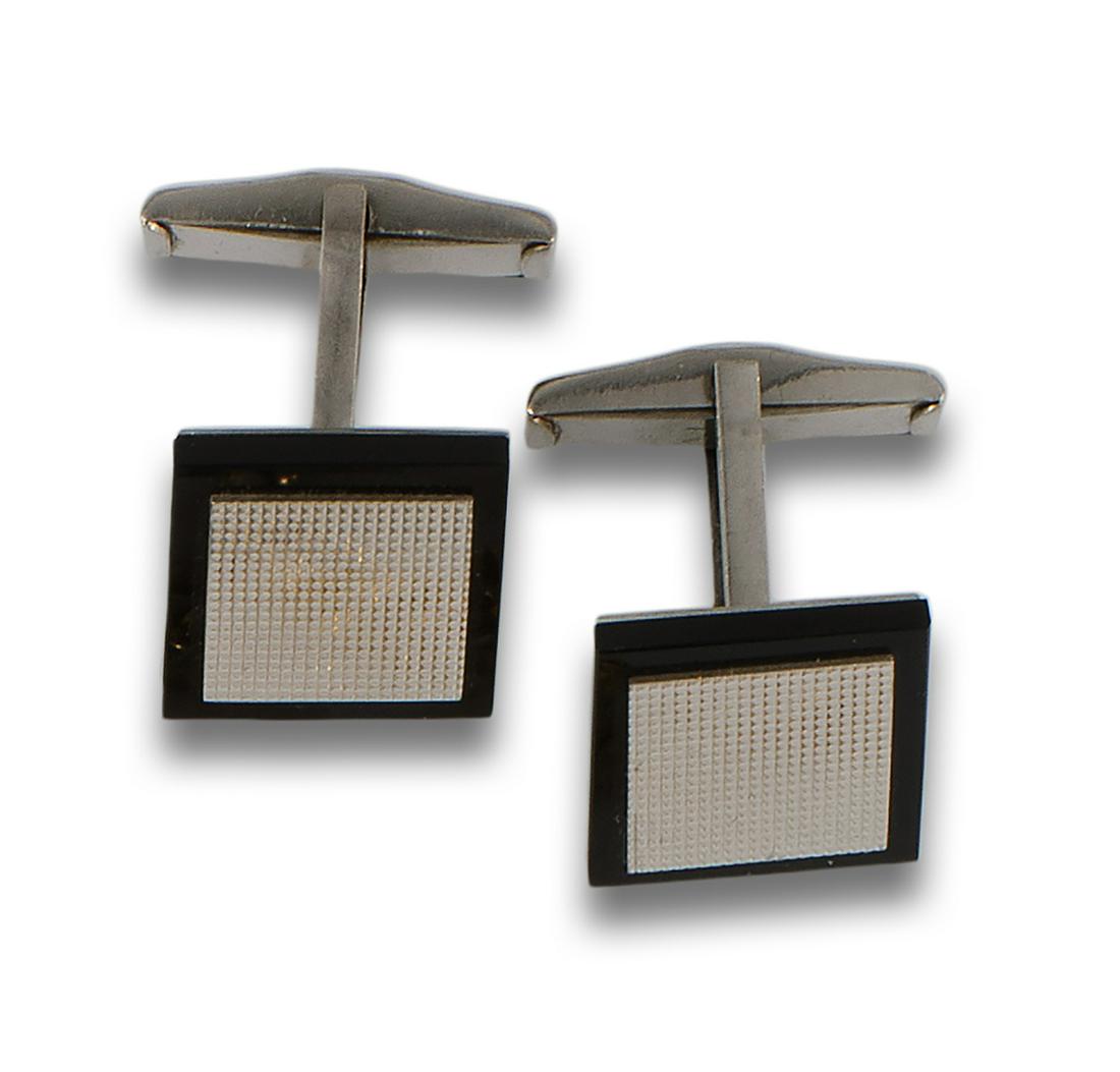 18kt white gold square cufflinks with engraved decoration and onyx plate detail. (1 of 1)