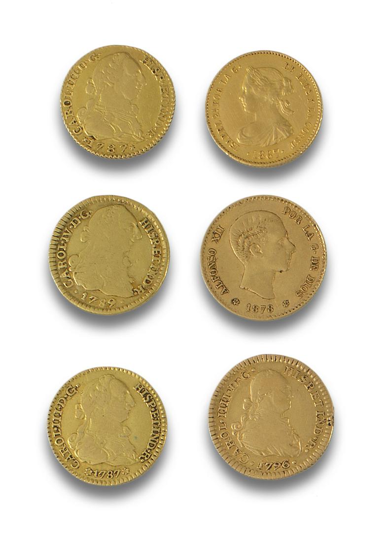 Lot of six Spanish gold coins:  - two coins of 1 escudo of Charles III, 1787 - two coins of 1 escudo (1 of 1)