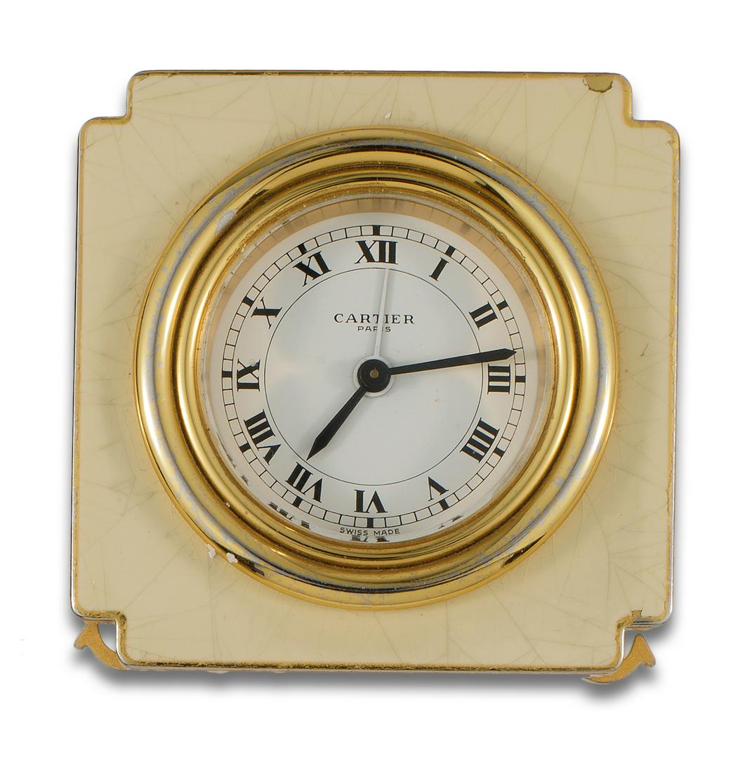 CARTIER alarm clock, quartz movement, metal case plated in 18 kt yellow gold. (1 of 1)