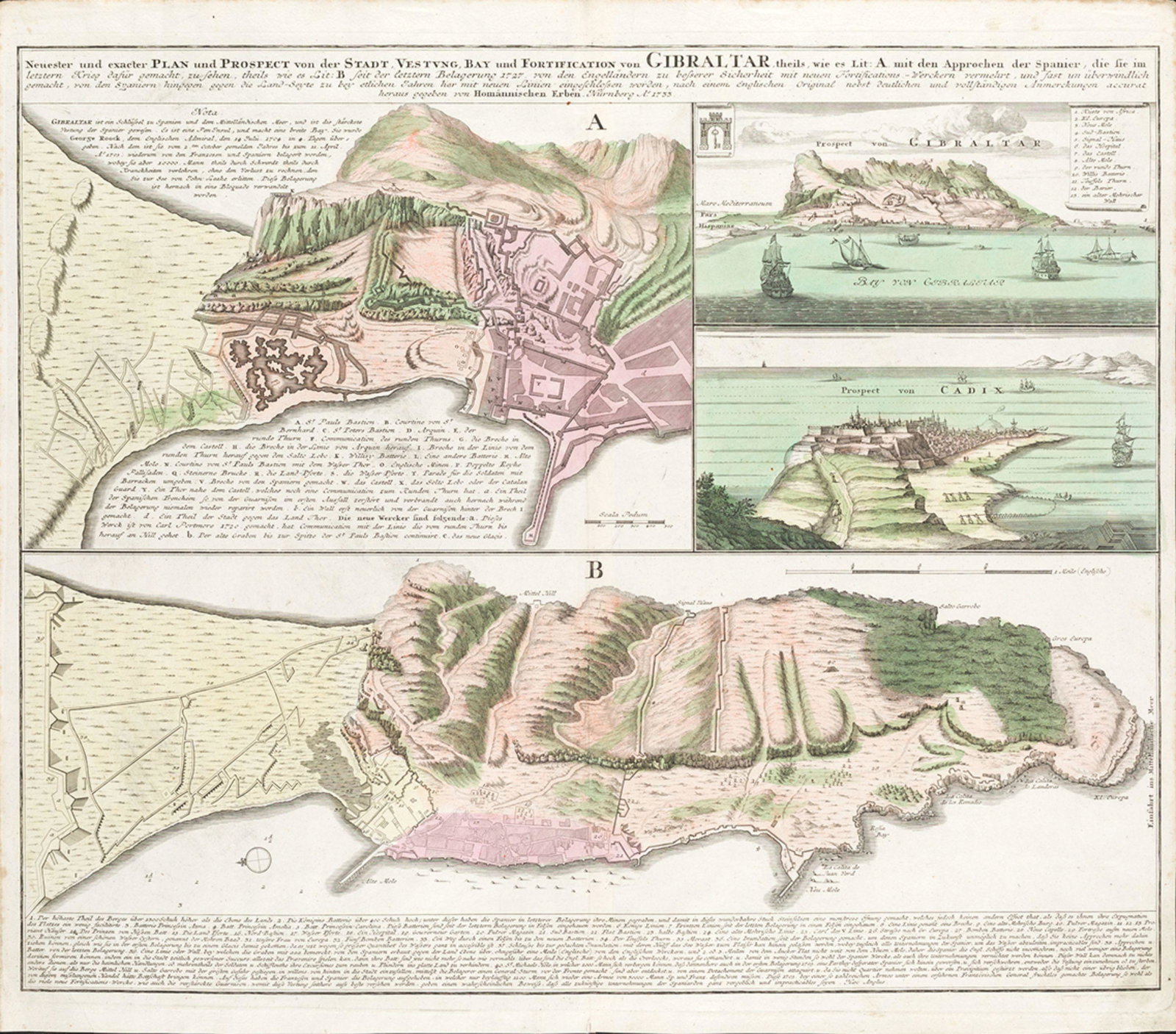 Hand-colored copper engraving With two plans and two views of Gibraltar and CÃ¡diz. NÃ¼rnberg 1733. (1 of 1)