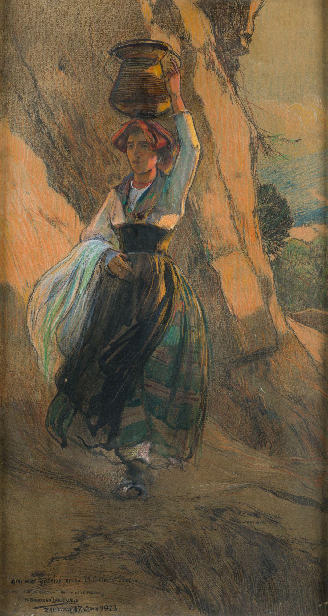 Crayons and watercolor on paper. Note for his work "Camino de la Fuente". In the lower left corner (1 of 1)