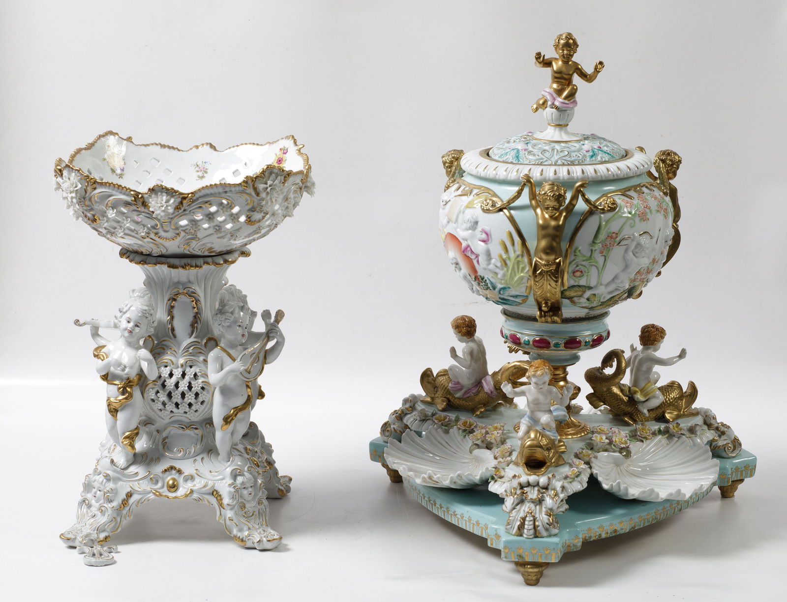 With decoration of putti, flowers, dolphins and scallop shells. Mark on the base. Measurements: 65 x (1 of 1)