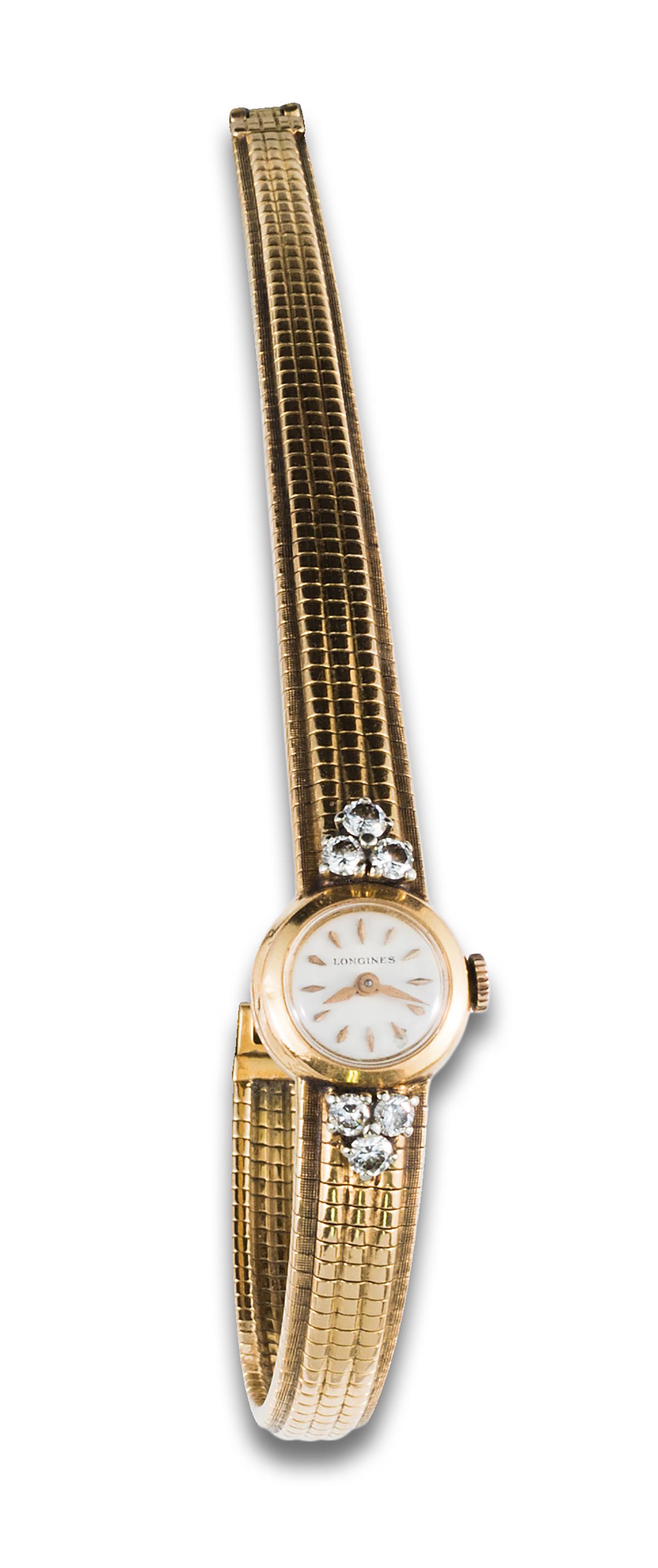18 kt yellow gold mesh bracelet and case. with diamond details, brilliant cut, set in claws, (1 of 1)