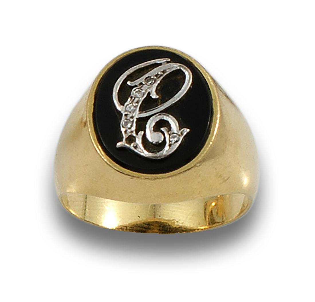 ONYX, DIAMONDS AND YELLOW GOLD SEAL RING (1 of 1)
