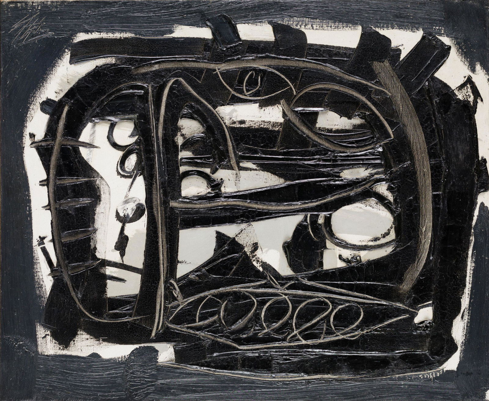 ANTONIO SAURA Huesca (1930) / Cuenca (1998) "Portrait 112", 1960: Oil on canvas Signed in the upper left corner On the back on the frame, titled, dated and signed and labeled by Pierre Matisse Gallery Origin: Pierre Matisse Gallery, New York Private collection, USA