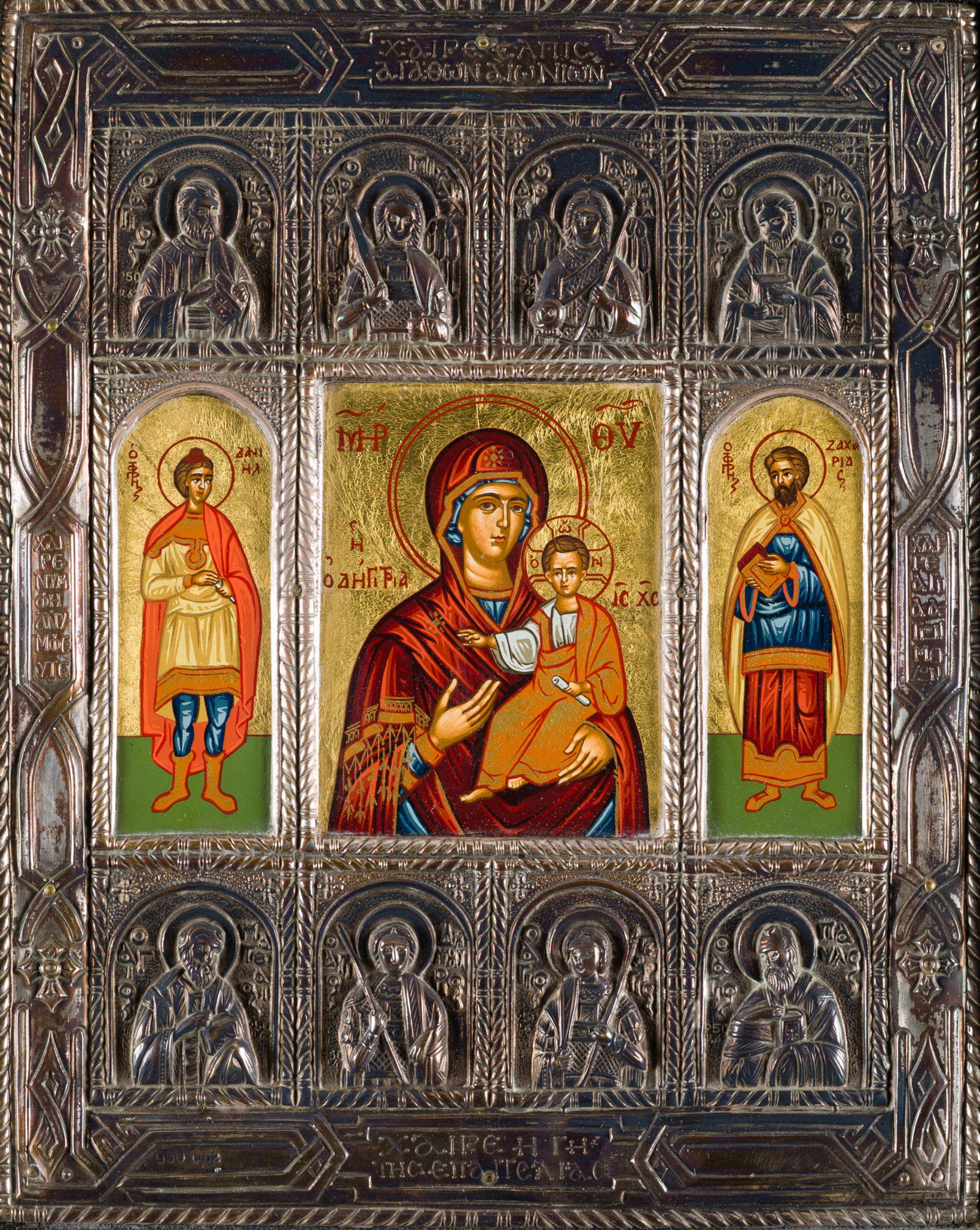 RUSSIAN SCHOOL (20th century) "Madonna with Child": Gold and polychrome, with contrasting silver rib, 950 law. Measurements: 23.5 x 19 cm