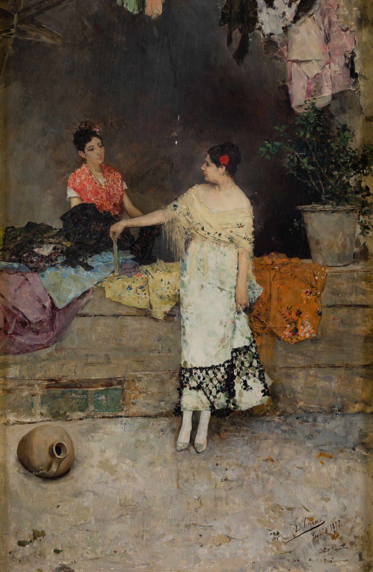 LUIS JIMENEZ ARANDA Seville (1845) / Pontoise (France) (1928) "Cloth seller": Oil on panel Signed and dated on the lower right corner Manuel Barbie label on the back Art Gallery, Barcelona Bibliography. Luis Quesada, "Daily life in Andalusian painting", FundaciOn Fondo de Cultu