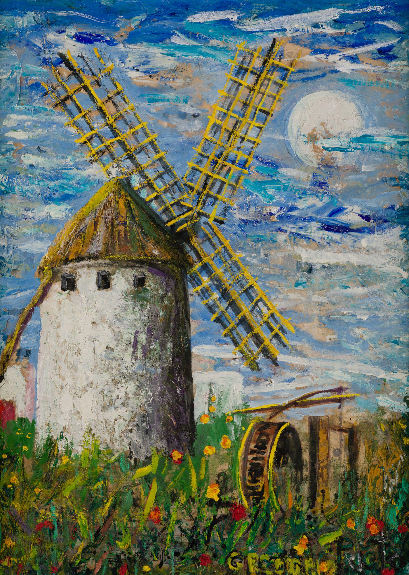GREGORIO PRIETO ValdepeÃ±as, City R (1897) / (1992) "ValdepeÃ±as Mill": Oil on tablex Signed in the lower right corner. On the back label of the Biosca Gallery in Madrid Measurements: 81 x 60 cm